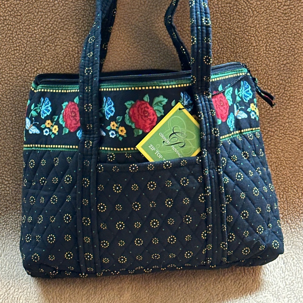 NWT Country Provençal black Floral Quilted zip top Tote shoulder Bag